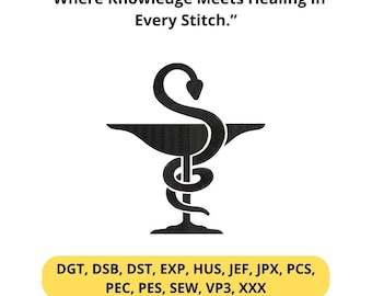 Desenho de bordado de cobra para tigela de farmácia – Logotipo de símbolo médico, arquivo de bordado para área da saúde