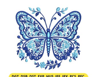 Arquivo de bordado de borboleta floral azul, estilo floral, para presente personalizado, download instantâneo.