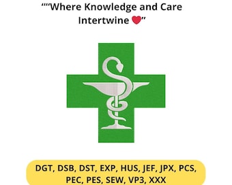 Diseño de bordado de símbolo de farmacia: emblema de serpiente y cuenco con cruz verde, regalo para farmacéutico, archivo de máquina médica