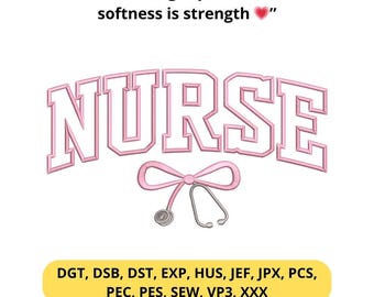 Design de bordado para enfermeira – Laço rosa, estetoscópio, frase sobre a vida de enfermeira, arquivo para máquina de bordar com tema feminino