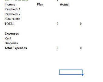 May include: A digital spreadsheet showing a financial plan. The top left corner reads "LEFT TO SPEND". The spreadsheet is divided into income and expenses, with columns for "Plan" and "Actual" amounts. Income includes Paycheck 1, Paycheck 2, and Side Hustle.
