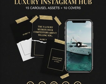 Luxury Instagram Template Pack - 15 Page Carousel + 10 Highlight Covers Black & Gold Aesthetic Scrapbook Textbook Style for High-End Brands