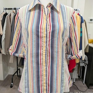 FDJ French Dressing Multicolor Striped Button Up Shirt Size 12 Cotton Roll Tab Blouse
