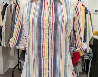 FDJ French Dressing Multicolor Striped Button Up Shirt Size 12 Cotton Roll Tab Blouse
