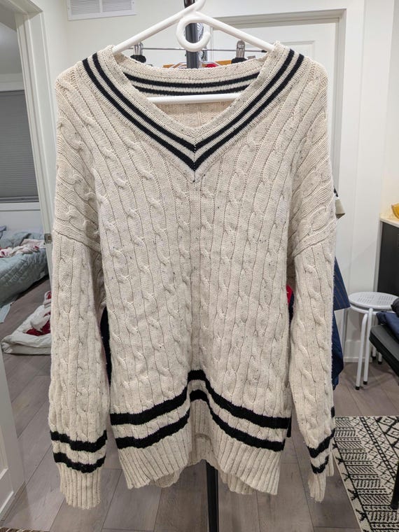 Maison Margiela, Maison Margiela Cable Knit Cricket Sweater V Neck Wool Blend Made in Italy Size Medium Cream Black Stripe