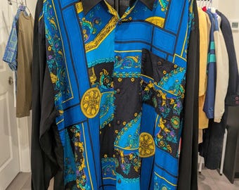 Vintage 90s Baroque Print Rayon Shirt XL | Blue Gold Chain Pattern Statement Menswear