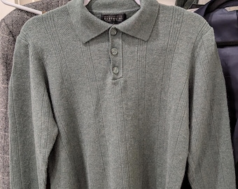 Vintage Italian Merino Wool Knit Polo – Unisex Sage Green Sweater, Mens S, Women's M