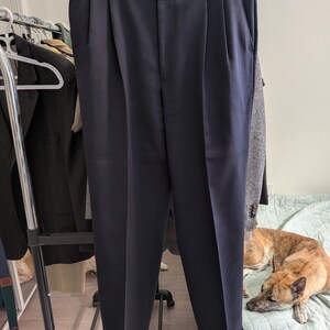 May include: Navy blue pleated trousers hanging on a wooden hanger. The trousers have a button closure and cuffed hems. The fabric appears to be a smooth, woven material. Other clothing items are visible in the background.
