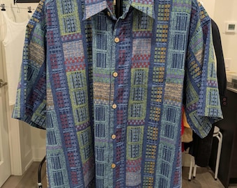 Vintage Tori Richard Honolulu Shirt: Mens M Geometric Cotton Lawn Hawaiian Blue