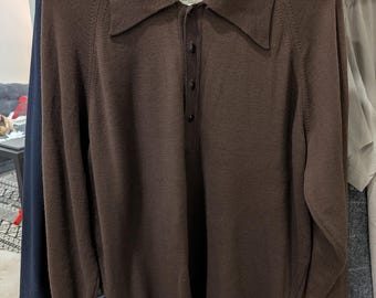 Vintage Warren-Knit Wool Shirt | Canadian Made, Brown Knit Polo (Size L)