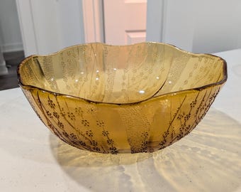 Vintage Amber Glass Floral Serving Bowl | Mid Century Pressed Glass | 1970s Retro Kitchen Decor