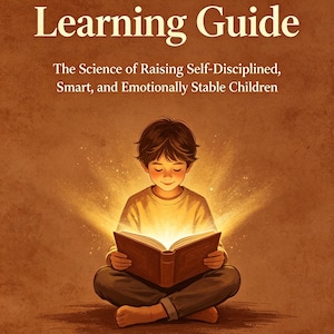 May include: A book cover titled Genius Kid Learning Guide: The Science of Raising Self-Disciplined, Smart, and Emotionally Stable Children by Yi Deng. The illustration shows a child sitting cross-legged, reading a glowing book on a brown background.