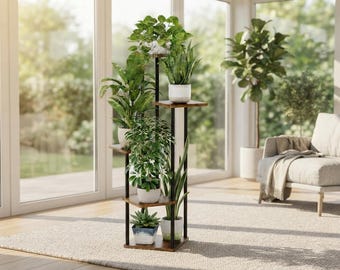 5-Tier Ladder Plant Shelf, Wood & Metal Indoor Plant Rack, Home Decor