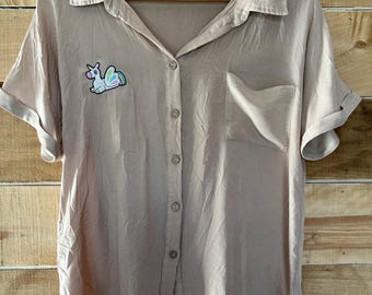 Light Brown  Short Sleeve Button down with pastel unicorn embroidery