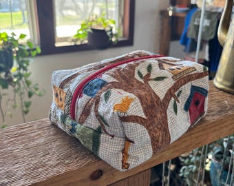 Kitschy Birdhouse scene quilted toiletry bag handmade