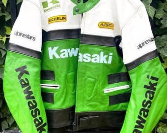 Chaqueta de motociclista de cuero Kawasaki Racing, verde y blanca, estilo vintage.