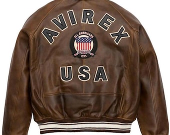 Avirex USA Brown Leather Varsity Jacket, Vintage American Bomber Style with Embroidered, Streetwear jacket