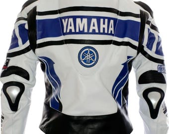 Chaqueta de moto Yamaha de cuero genuino, color blanco y azul, estilo motociclista.