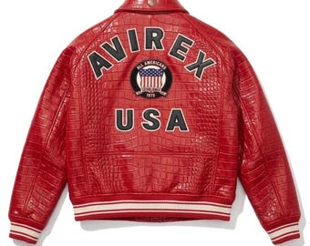 Chaqueta Avirex de piel de cocodrilo roja – Abrigo bomber de piel de cocodrilo fabricado en EE. UU.
