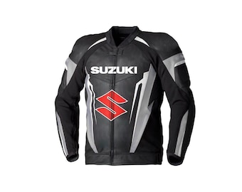 Chaqueta de motociclista Suzuki de cuero vacuno negro para hombre