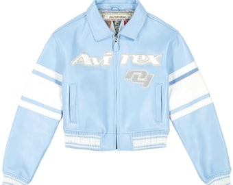 Chaqueta universitaria corta azul claro Avirex para mujer: estilo bomber de carreras retro