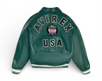 Chaqueta universitaria Avirex USA de cuero verde, estilo bomber americano vintage con bordados, chaqueta urbana.