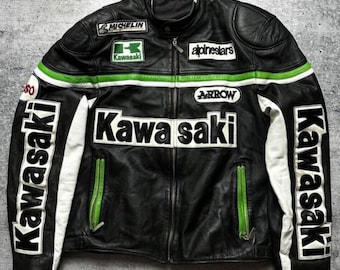 Chaqueta de cuero de carreras Kawasaki, chaqueta de moto vintage, equipo de motociclismo deportivo
