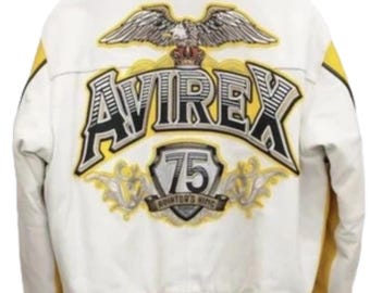 Avirex 75-jähriges Jubiläumsleder Varsity-Jacke - Gesticktes Rückenlogo, klassische amerikanische Streetwear