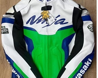 Chaqueta de moto de cuero Kawasaki Ninja - Chaqueta de carreras para hombre - Chaqueta de motociclista hecha a mano