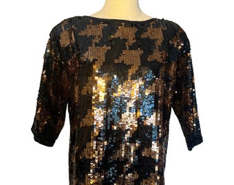 Vintage Argenti Notte-top met pailletten | Zwart-gouden zijden feestblouse | Avondkleding uit de jaren 80 en 90