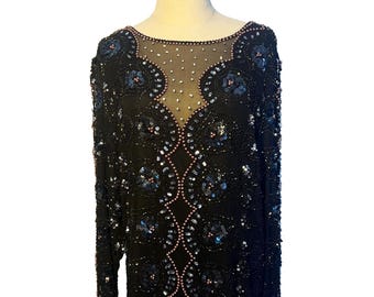 Vintage Oleg Cassini pärlprydd aftonkavaj | Svart transparent paljettklänning | 80-90-talsdesignerglamour