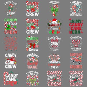 Puede incluir: Una colección de diseños navideños con bastones de caramelo, lazos y texto festivo. Los diseños incluyen frases como "Candy Cane Crew" e "In My Candy Cane Era", perfectos para ropa y accesorios navideños.