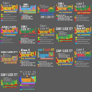 May include: A series of periodic table diagrams, each displaying the text "Can I Lick It?" in different styles. Accompanying each chart is a colour-coded key with phrases such as "Sure, Go For It" and "Maybe, Not the Best Idea."