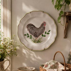 May include: A white ceramic plate with a scalloped edge featuring a central illustration of a grey rooster standing in green grass. The plate is mounted on a wall above a stack of two books titled Sunday Suppers and A Kitchen in France.