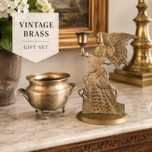 Vintage Brass Angel Candlestick Holder and Footed Cauldron Gift Set, Solid Brass Taper Candle Stand with Mid Century 3-Legged Planter Cache