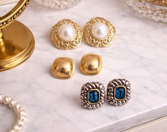 Vintage Earring Trio- Faux Pearl, Gold Dome, & Blue Crystal Studs- Elegant Style