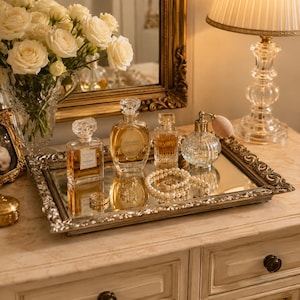 May include: A rectangular mirrored tray with an ornate silver-toned frame holds four glass perfume bottles and a strand of white pearls. The tray reflects the bottles and pearls, creating a layered visual effect on the reflective surface.