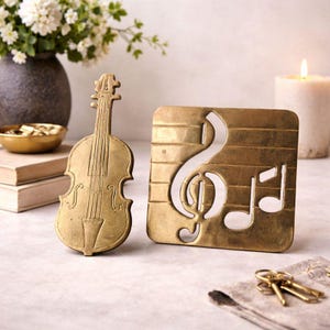 Vintage Music Note and Violin Cast Trivets, set of 2 Pair Gift for Him Her Musician Mothers Day Birthday Housewarming Piano Cello Violin