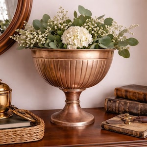 Vintage Fluted Copper Pedestal Bowl, Aged Patina Centerpiece Urn