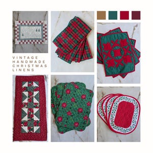May include: A collection of handmade Christmas linens including a rectangular placemat with Merry Christmas text, plaid napkins, quilted placemats with red and green patterns, a long table runner, and oval-shaped mats with red and white holly prints.