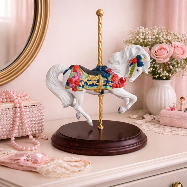 Vintage 1988 Franklin mint Carousel Enchantment Porcelain Hand Painted horse on a Pedestal Stand