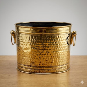 May include: A cylindrical brass bucket featuring a hammered texture on the exterior surface. The vessel includes two side handles with attached circular rings. The rim and base are defined by smooth, horizontal bands that contrast with the textured body.