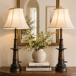 Vintage Stiffel Brass Table Lamps Pair Mid-Century Modern Buffet Accent Lamps 19”