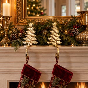 May include: Two gold-toned metal stocking holders shaped like stylized Christmas trees with a star topper. Each holder features a curved hook extending downward to support a deep red velvet stocking with intricate embroidered botanical details.