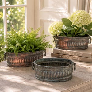 May include: Three oval metal planters with a fluted design and side ring handles. One planter has a copper finish containing a green fern, one has a copper finish with white hydrangea flowers, and one has a dark weathered patina finish.