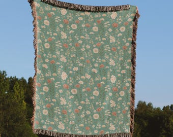 Manta tejida con estampado de flores silvestres, tapiz floral vintage, decoración rústica para el hogar, manta botánica de algodón.