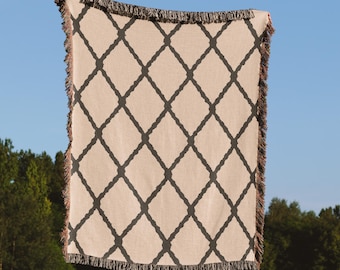 Woven Diamond Pattern Cotton Throw Blanket, Beige Charcoal Geometric Sofa Decor