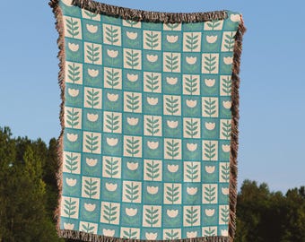 Manta tejida a cuadros con tulipanes color turquesa – 100 % algodón jacquard, borde con flecos