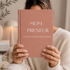 May include: A terracotta-coloured hardback book with white text on the front cover that reads MOM - PRENEUR (ALSO TOM & RACHEL'S MOM). The book is held upright, displaying a clean, solid-coloured matte finish on the front cover surface.