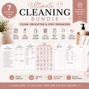 May include: A printable cleaning bundle with seven pages, including checklists and a 30-day declutter challenge. The bundle features a minimalist design with the text "Ultimate Cleaning Bundle" and "Clean, Declutter & Stay Organized."